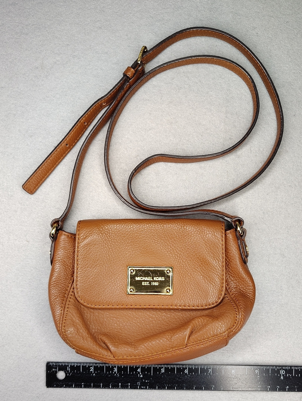 Michael Kors Caramel Brown Pebbled Leather Crossbody with Gold Plaque